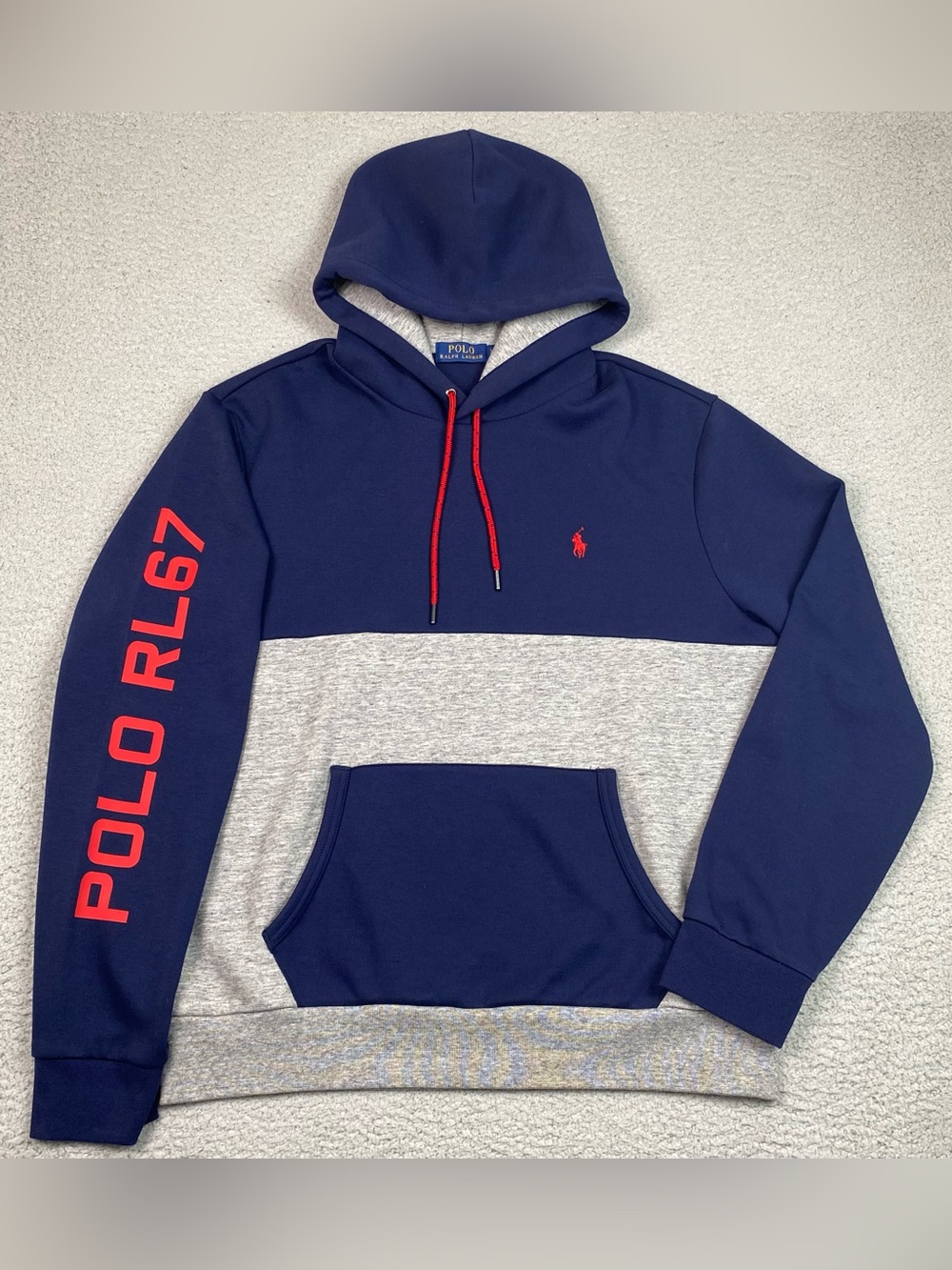 Polo Ralph Lauren Hoodie Men's Size L Color Block Blue Gray Sweatshirt Large EUC